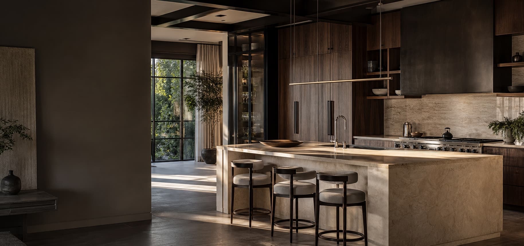 High-end modern kitchen with walnut cabinetry and a stone island